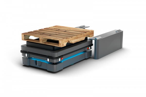 mir5 robot autónomo con paletas en depósito logístico.