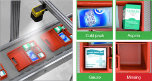 sensor o cámara amarilla y negro clasificando en recipientes distintos productos