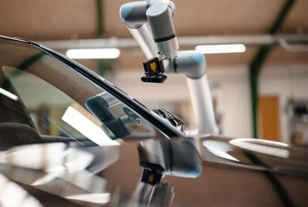 Brazo robótico colaborativo (cobot) equipado con un sistema de visión artificial inspeccionando el parabrisas de un coche negro en un taller industrial.